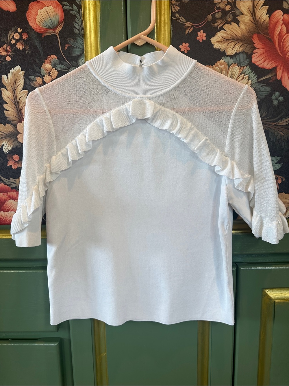 Alice + Olivia White Ruffle Mock Neck Short Sleeve Top with Sheer Yoke